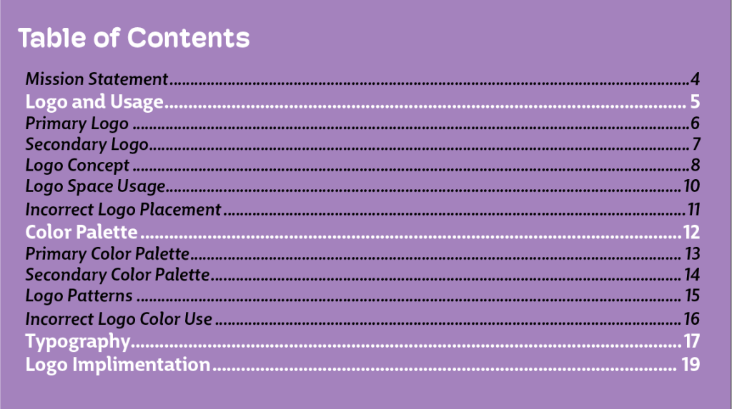 Indrivert Brand Guide Table of Contents Page